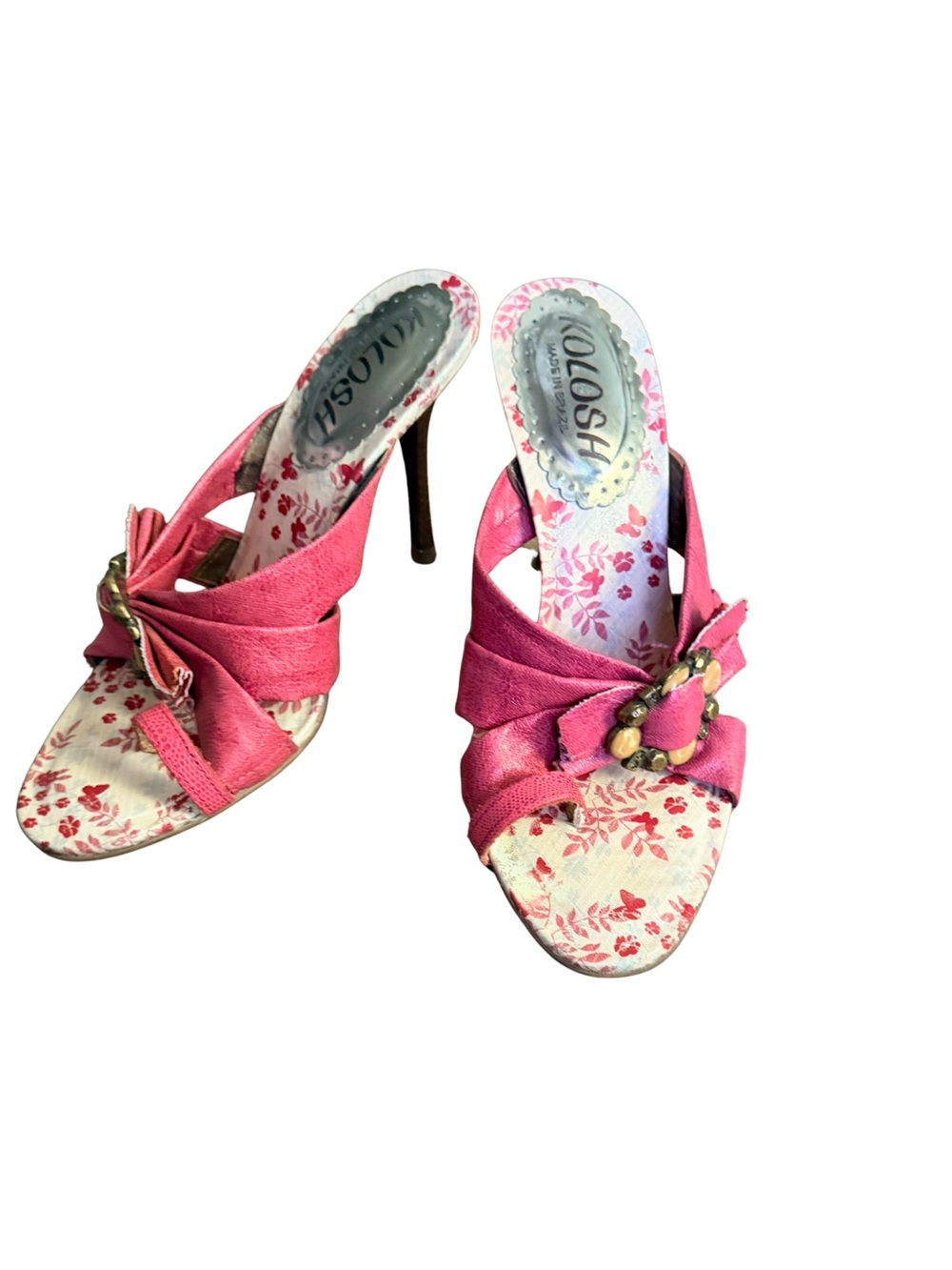 Pink Floral Slip-On Heeled Sandals